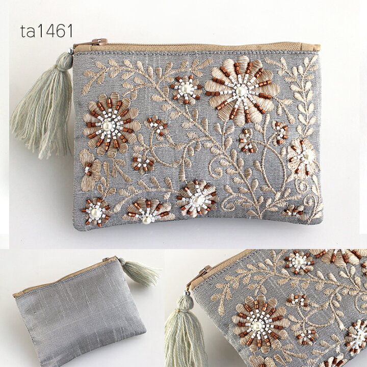 楽天市場】花柄刺繍＆ビーズ装飾ポーチ タッセル付き ブルー シルバー 
