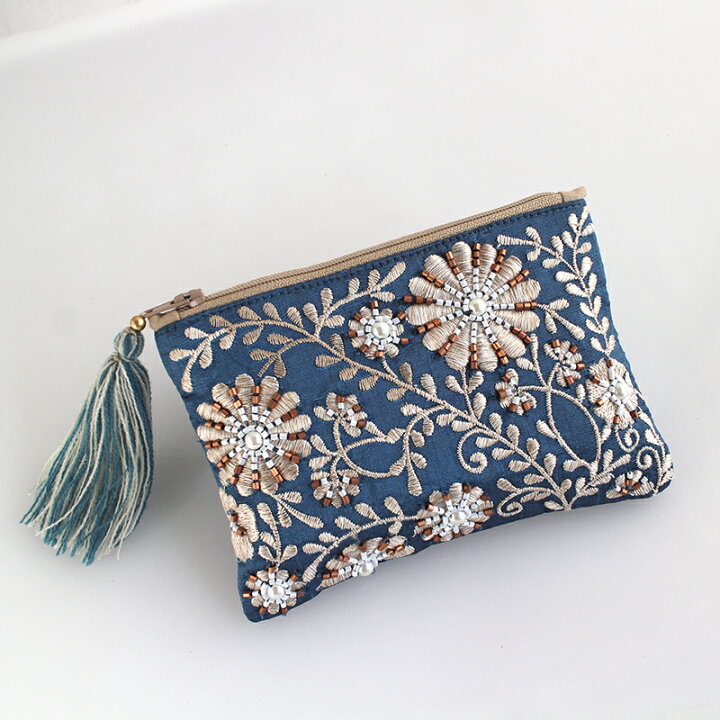 楽天市場】花柄刺繍＆ビーズ装飾ポーチ タッセル付き ブルー シルバー 