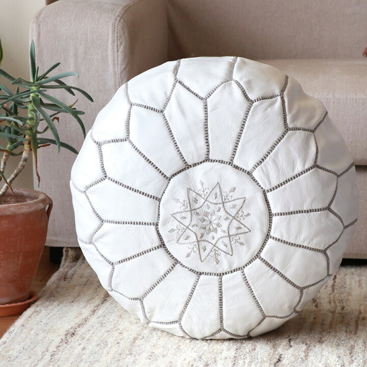 楽天市場】Moroccan POUF White with gray stiching モロッコ・プフ 