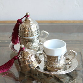 【15%OFFクーポン対象品】トルココーヒーカップ＆ソーサー銅製カバー付2客セットシルバー（フリンジは3色から選べます）・トルコお土産