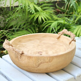 カービングウッド 丸型トレイ 持ち手付き 直径30cm 天然木 桐 丸皿 ガーデンデコレーション