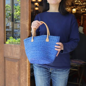 サイザル麻 手編み かごバッグ 丸底 ケニアバッグSサイズ　ブルー