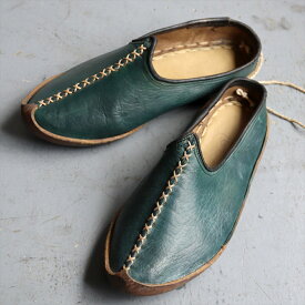 【15%OFFクーポン対象品】アナトリアンフォークシューズ～19世紀の製法で作ったオリジナルの革靴グリーン スリッポン サイズ36