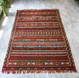オールドキリム モロッコベルベル族のキリム282×177cmゼモール/レッドにジジム織りの伝統柄