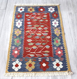 Turkish Kilim 手織りの草木染キリム・コンヤ　ヤストゥクサイズ97×63cm麦の穂と花　レッド/インディゴブルー