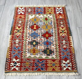 Turkish Kilim 手織りの草木染キリム・コンヤ88×67cmヌズムラ・四角いドラゴンモチーフ