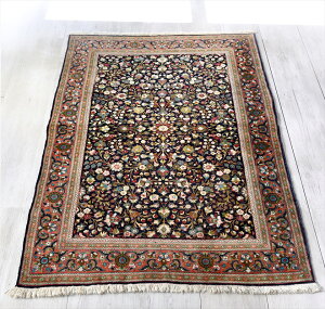 【15%OFFクーポン対象品】ペルシャ絨毯・手織りラグ/コム シルク158×105cmネイビー/草花のデザイン