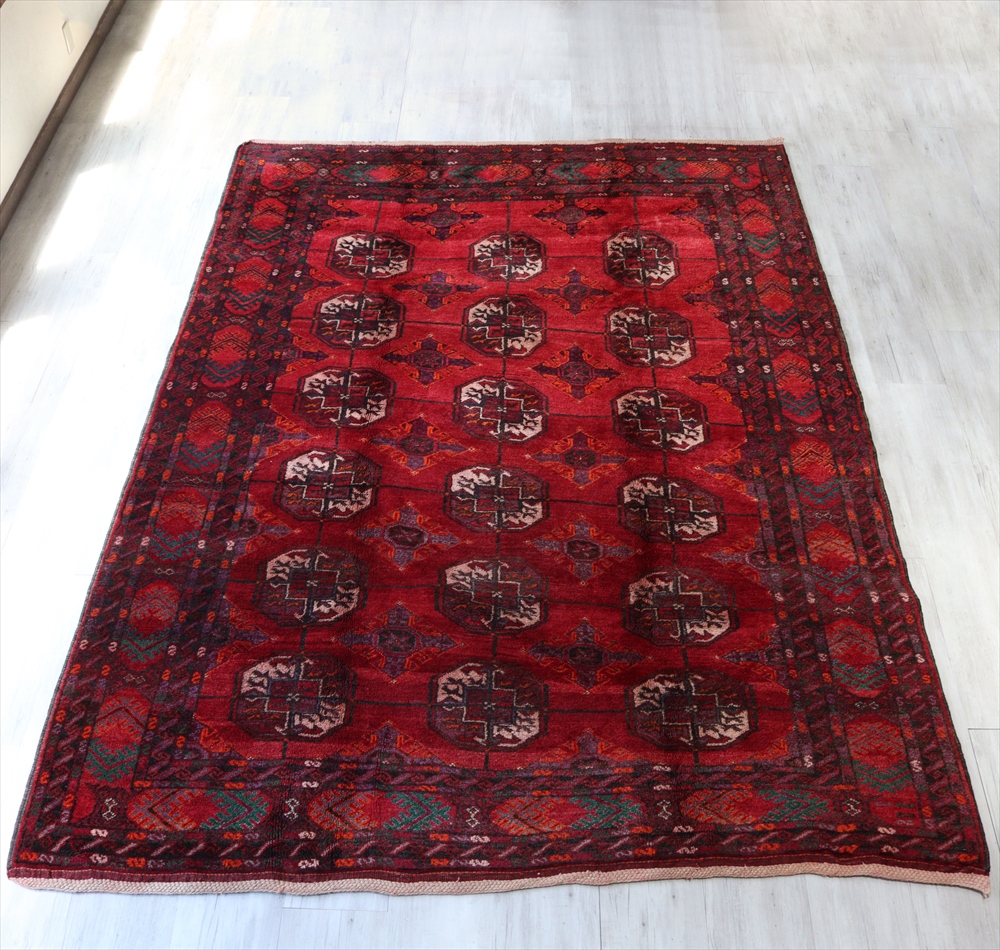 部族絨毯　トライバルラグ/中央アジアトルクメン286×216cmリビングサイズ　ギュル文様の赤いじゅうたん | ガラタバザール（キリム＆雑貨）