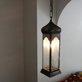 モロッコランタン・ガラスペンダントランプ/キャンドルホルダー全長75cmMoroccoLanternCandleholder4面のレリーフガラス/25W1灯ペンダントランプ1灯