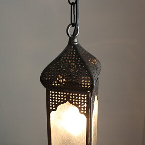 モロッコランタン・ガラスペンダントランプ/キャンドルホルダー全長75cmMoroccoLanternCandleholder4面のレリーフガラス/25W1灯ペンダントランプ1灯