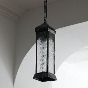 モロッコランタン・ガラスペンダントランプ/キャンドルホルダー全長75cmMoroccoLanternCandleholder4面のレリーフガラス/25W1灯ペンダントランプ1灯