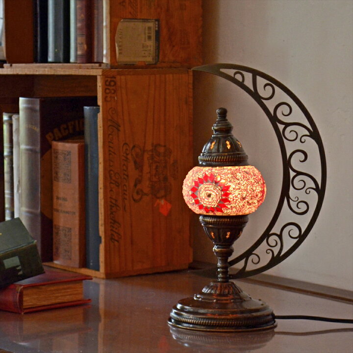 楽天市場 トルコランプ モザイクランプ テーブルランプ クレッセントムーン 高さ33cm ガラス直径11cm ピンクフラワー E17 15w ガラタバザール キリム 雑貨