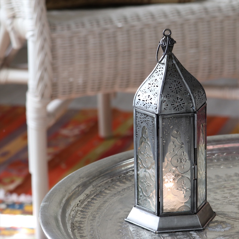 モロッコランタン キャンドルホルダー 高さ24cm オリエンタルランプ6面のレリーフガラス 市販 高い素材 Candle Lantern holder Morocco