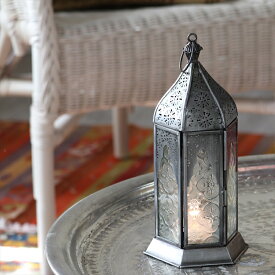 モロッコランタン・キャンドルホルダー　高さ24cm　オリエンタルランプ6面のレリーフガラス　Morocco Lantern Candle holder
