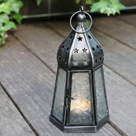 モロッコランタン・キャンドルホルダー　高さ17cm　オリエンタルランプ6面のレリーフガラス　Morocco Lantern Candle holder