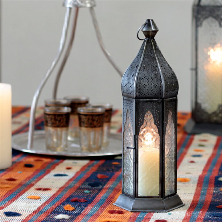 モロッコランタン・キャンドルホルダー 高さ29cm オリエンタルランプ6面のレリーフガラス Morocco Lantern Candle holder ガラタバザール キリム ラグ