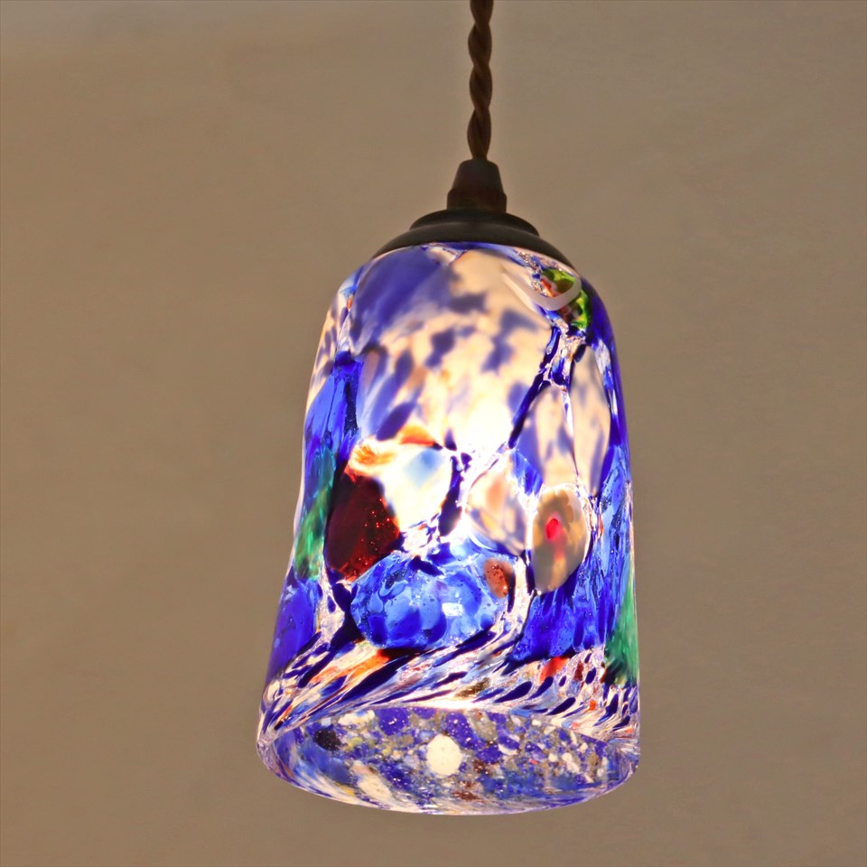 ベネチアンガラス　ランプシェード　ペンダントランプ　/Venetian Glass Shade Light 直径10cm 全高67cm　モネ　ブルー　 /E17・25W電球付属 【現品お届け】 | ガラタバザール（キリム＆ラグ）