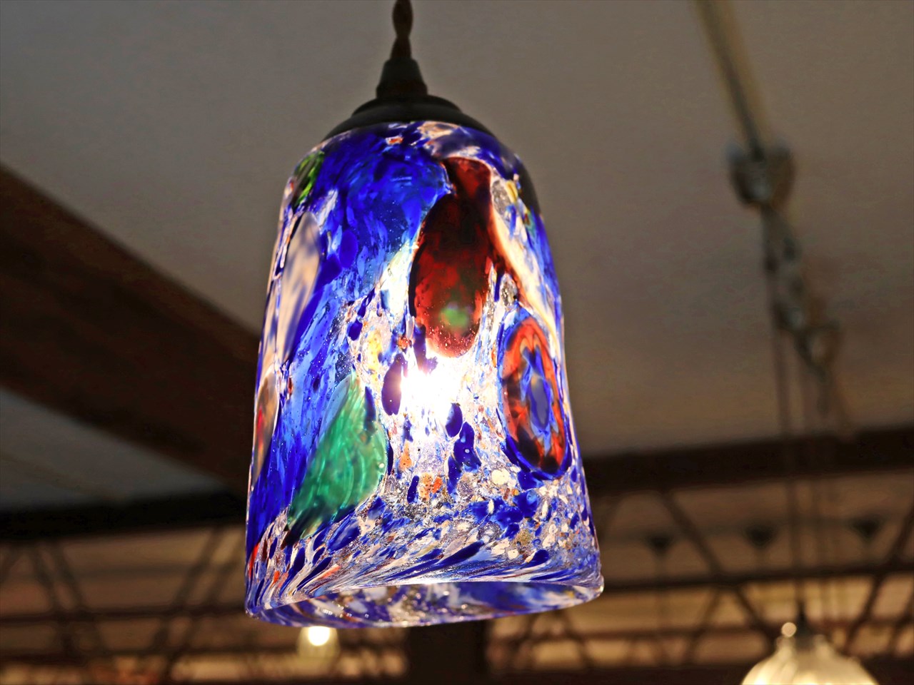 ベネチアンガラス　ランプシェード　ペンダントランプ　/Venetian Glass Shade Light 直径10cm 全高67cm　モネ　ブルー　 /E17・25W電球付属 【現品お届け】 | ガラタバザール（キリム＆ラグ）