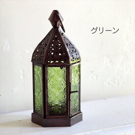 モロッコランタン・キャンドルホルダー　高さ17.5cm　カラーガラス6面のレリーフガラス　Morocco Lantern Candle holder