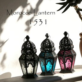モロッコランタン・キャンドルホルダー　高さ23cm　カラーガラス6面のレリーフガラス　Morocco Lantern Candle holder