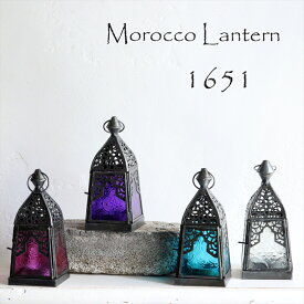 モロッコランタン・キャンドルホルダー　高さ16cm　カラーガラス4面のレリーフガラス　Morocco Lantern Candle holder