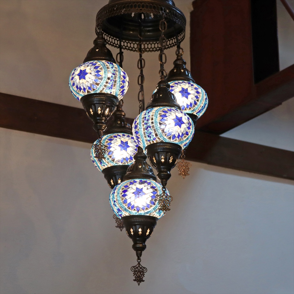 一番の モザイクランプ トルコランプ シャンデリア 5灯 全高87cm 直径33cm ブルー E17 15W