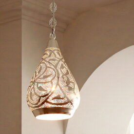 メタルシェード・モロッコランプΦ17cm　Moroccan Metal shade Lamps　ペンダントランプ レインドロップ/ロータス シルバー色 口金E17 エジプト製