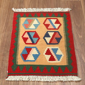 カシュカイ族の手織りキリム・シラーズ55×40cm発色のよいカラフルモチーフ　イエロー/レッド