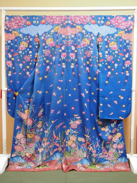 楽天市場】琉球紅型染振袖 青地に花鳥山水柄 仕立て上がり【びんがた 