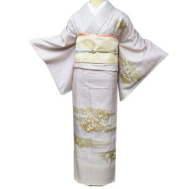 【 中古 】 紬 リサイクル着物 正絹 袷 セミフォーマル 作家物 落款 金駒刺繍 和本に花の図 砂色 多色 金 身丈163cm 裄64cm L A1047-1 [ 和服 きもの 紬 普段着 kimono アウトレット 送料無料 きもの北條]