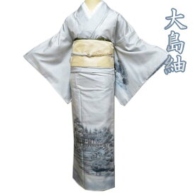 【 中古 】 大島紬 リサイクル着物 正絹 袷 セミフォーマル 作家物 落款 風景 秋條寺 白鼠色 青系色 多色 身丈161cm 裄66cm M A1073-1 [ 和服 きもの 紬 普段着 kimono アウトレット 送料無料 きもの北條]