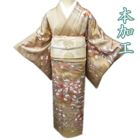 ＼ FINAL PRICE ／ 【 中古 】 訪問着 リサイクル着物 正絹 袷 フォーマル 本加工 茶屋辻文様 金駒刺繍 茅色 多色 金 身丈167cm 裄68cm L トール A902-1 [ 和服 入学式 卒業式 母 結婚式 お宮参り アウトレット 送料無料 きもの北條]