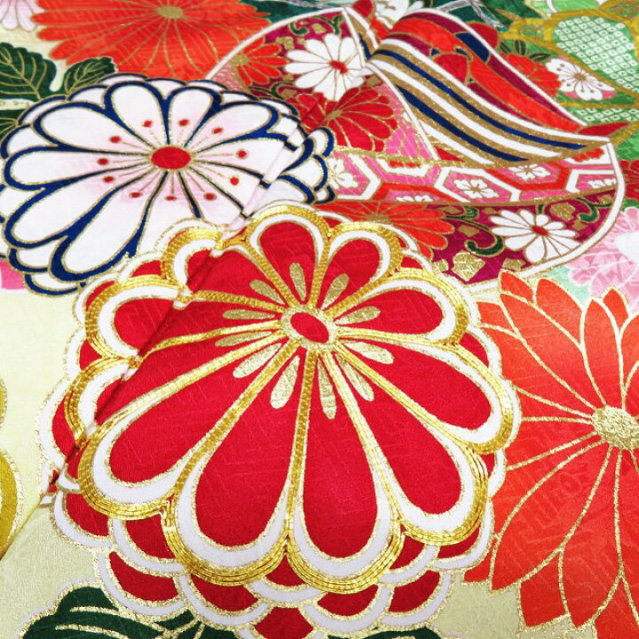 振袖 着物 中古 リサイクル 正絹 袷 金駒刺繍 花模様 椿 銀通し 象牙色 