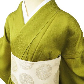【 中古 】 色無地 リサイクル着物 正絹 袷 フォーマル 紋付き 地模様 草花模様 鶯色 身丈163.5cm 裄66cm L A988-1 [ 和服 入学式 卒業式 お茶会 お宮参り アウトレット きもの kimono 送料無料 きもの北條]