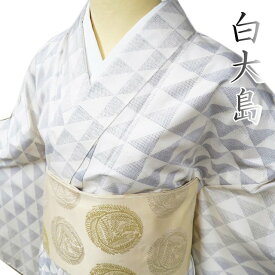 【 中古 】 特選 大島紬 白大島 リサイクル着物 正絹 袷 カジュアル 三角柄 オフホワイト 鼠色 身丈166.5cm 裄71.5cm L トール A999-1 [ 和服 きもの 紬 普段着 kimono アウトレット 送料無料 きもの北條]