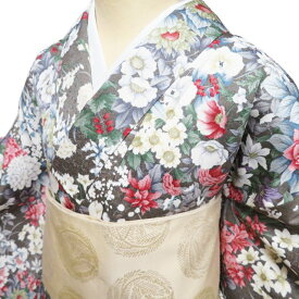 【 中古 】 小紋 リサイクル着物 正絹 袷 カジュアル 花模様 灰汁色 多色 金 身丈168.5cm 裄67.5cm L トール A1178-1 [式典 観劇 普段使い お食事 kimono アウトレット 送料無料 きもの北條]