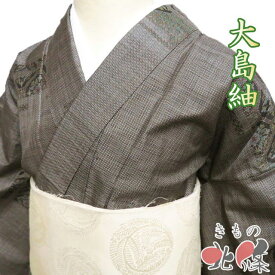 【 未使用 】 大島紬 着物 正絹 袷 カジュアル 華文 花紋 花模様 焦茶色 多色 身丈160cm 裄64cm M A1308-1 [初詣 お出かけ 観劇 着付け教室 趣味着 街着 普段着 送料無料 きもの北條]