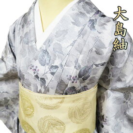 【 中古 】 大島紬 白大島 リサイクル着物 正絹 袷 カジュアル 植物文様 オフホワイト 青系色 身丈161.5cm 裄67cm M A1065-2 [ 和服 きもの 紬 普段着 kimono アウトレット 送料無料 きもの北條]