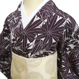 【 中古 】 小紋 着物 リサイクル 正絹 袷 カジュアル 植物模様 反端付き 白緑色 焦茶色 金 身丈154cm 裄63cm S A1199-2 [式典 観劇 普段使い お食事 kimono アウトレット 送料無料 きもの北條]