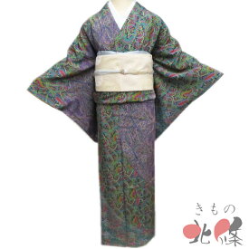 【 中古 】 付下げ 訪問着 リサイクル着物 正絹 袷 作家物 落款 更紗模様 梅幸茶色 紫系色 緑系色 多色 身丈164cm 裄68cm L A1308-2［ 和服 お茶会 お茶席 茶道 利休忌 食事会 送料無料 きもの北條 ]