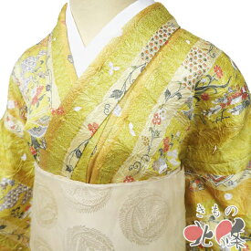 【 中古 】 小紋 リサイクル着物 正絹 袷 カジュアル 絞り染め 花鳥文様 黄系色 多色 身丈165.5cm 裄66.5cm L トール A1330-2 [観劇 お出かけ 街着 普段使い お食事 kimono 和服 送料無料 きもの北條]