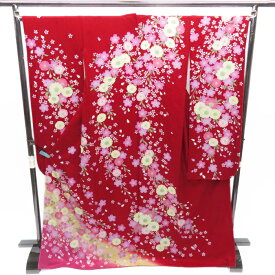 《FINAL PRICE》 【 中古 】振袖 リサイクル着物 フォーマル 桜の花模様 ラインストーン 赤色 トール 丈173cm 裄67cm Lサイズ A542-3 [ 母の日 プレゼント 振袖リサイクル 正絹 振り袖 中古着物 アウトレット 販売 振袖着物 バーゲン 送料無料]