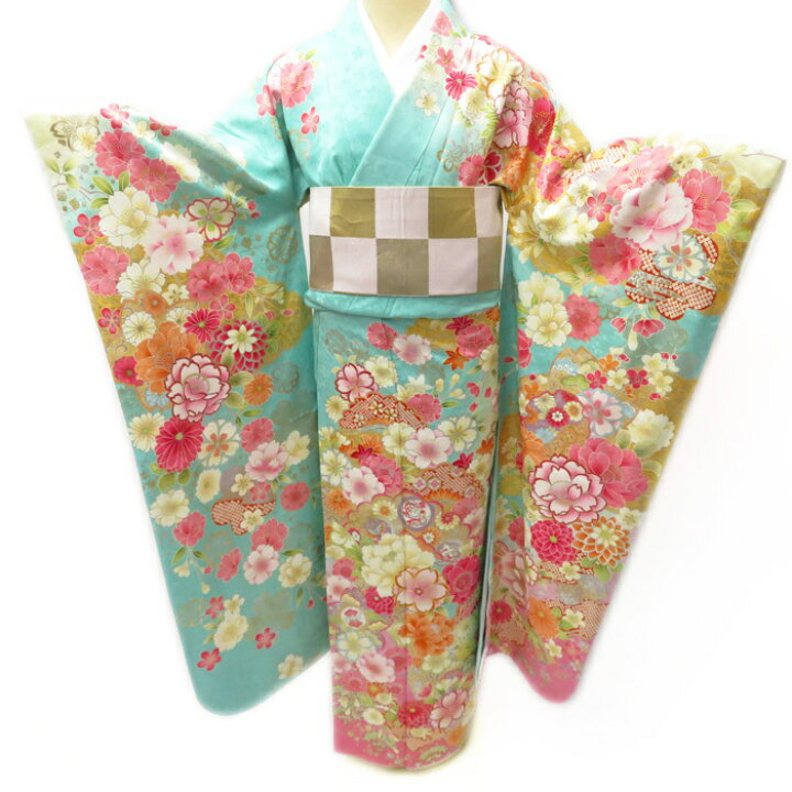 楽天市場】【 中古 】 振袖 リサイクル着物 正絹 花模様 金駒刺繍 成人 