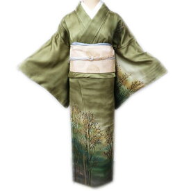 ＼ FINAL PRICE ／ 【 未使用 】 特選 訪問着 着物 正絹 袷 フォーマル 風景 木々の図 刺繍 青丹色 金 身丈170cm 裄68cm L トール A853-3 [ 和服 入学式 卒業式 母 結婚式 お宮参り アウトレット きもの kimono 送料無料 きもの北條]