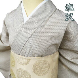 【 中古 】 塩沢 お召し 御召 リサイクル着物 正絹 単衣 カジュアル 縦縞模様 ストライプ 雪輪模様 砂色 黒色 身丈159cm 裄67cm M A1025-3 [和服 きもの 紬 塩沢 普段着 kimono アウトレット 送料無料 きもの北條]