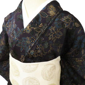 【 未使用 】 小紋 着物 正絹 袷 カジュアル 縮緬地 ちりめん 花模様 深紫色 多色 身丈164cm 裄65.5cm L A1048-3 [ 和服 きもの 普段着 kimono アウトレット 送料無料 きもの北條]