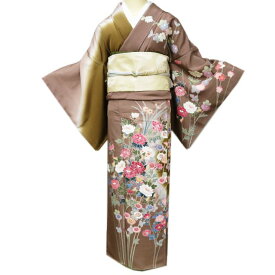 【 未使用 】 訪問着 着物 正絹 袷 作家物 落款 花の図 丁子茶色 唐茶色 多色 身丈165cm 裄67cm L トール A1102-3 [和服 入学式 卒業式 お茶会 お茶席 茶道 結婚式 お宮参り 送料無料 きもの北條]