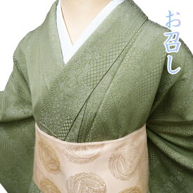 【 中古 】 お召し 御召 リサイクル着物 正絹 袷 カジュアル 割付文様 柳染色 身丈166.5cm 裄66.5cm L トール A1119-3 [和服 お茶会 お茶席 茶道 きもの kimono アウトレット 送料無料 きもの北條]