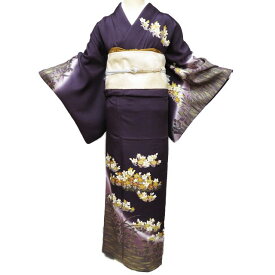 【 中古 】 訪問着 リサイクル着物 正絹 袷 フォーマル 金駒刺繍 花の図 地模様 滅紫色 多色 金 身丈155cm 裄69cm S A1132-3 [和服 入学式 卒業式 母 結婚式 お宮参り アウトレット 送料無料 きもの北條]