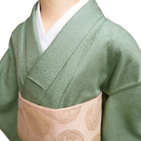 【 未使用 】 色無地 着物 正絹 袷 フォーマル 紋付き 地模様 花唐草模様 浅緑色 身丈157.5cm 裄63cm M A1145-3 [和服 入学式 卒業式 母 お宮参り アウトレット きもの kimono 送料無料 きもの北條]
